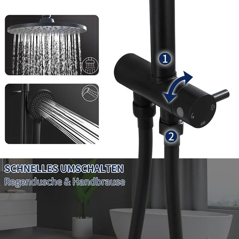 HOMELODY Regendusche Duschsystem ohne Armatur, Schwarz Handbrause mit 3 Funktionen, Edelstahl Duschset mit Kopfbrause Rund, Duschstange SUS304