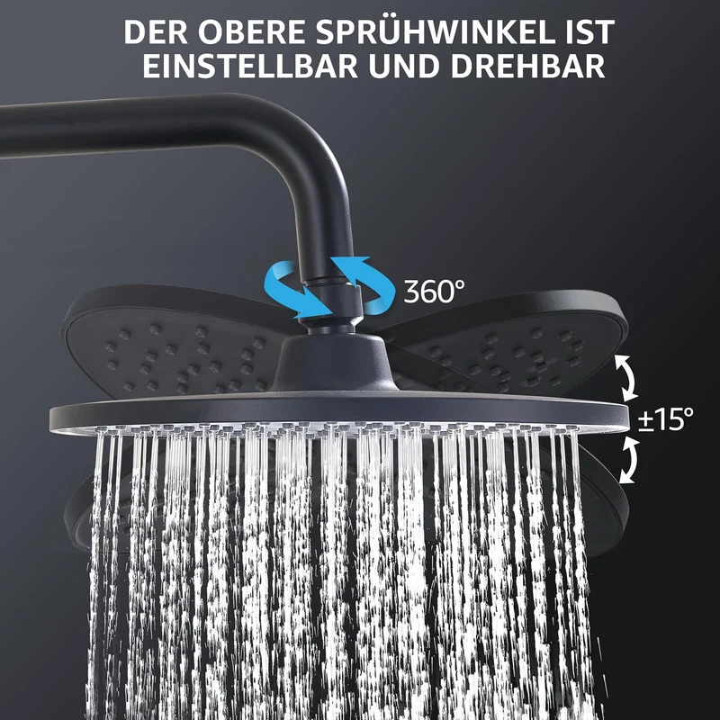 HOMELODY Regendusche Duschsystem ohne Armatur, Schwarz Handbrause mit 3 Funktionen, Edelstahl Duschset mit Kopfbrause Rund, Duschstange SUS304