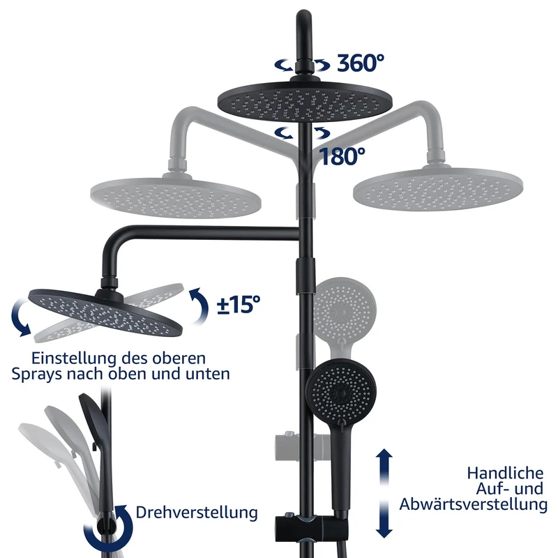HOMELODY Regendusche Duschsystem ohne Armatur, Schwarz Handbrause mit 3 Funktionen, Edelstahl Duschset mit Kopfbrause Rund, Duschstange SUS304