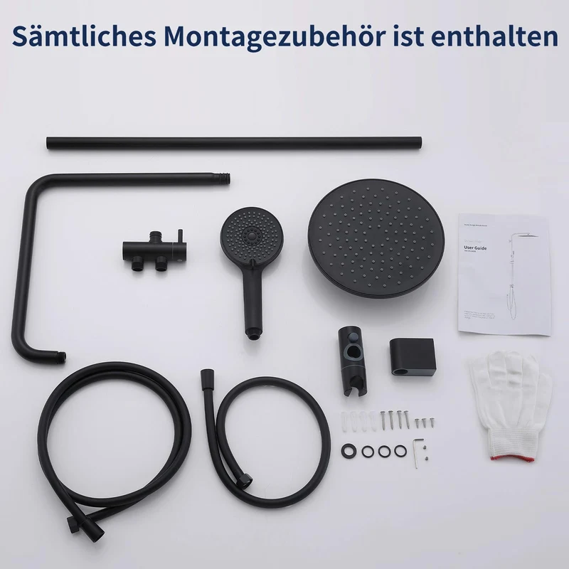HOMELODY Regendusche Duschsystem ohne Armatur, Schwarz Handbrause mit 3 Funktionen, Edelstahl Duschset mit Kopfbrause Rund, Duschstange SUS304