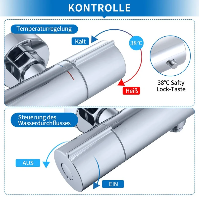 Homelody Duscharmatur mit Thermostat Chrom Mischbatterie Dusche mit 38°C Sicherheitstaste Duschthermostat Armatur Edelstahl Duscharmaturen Brausethermostat
