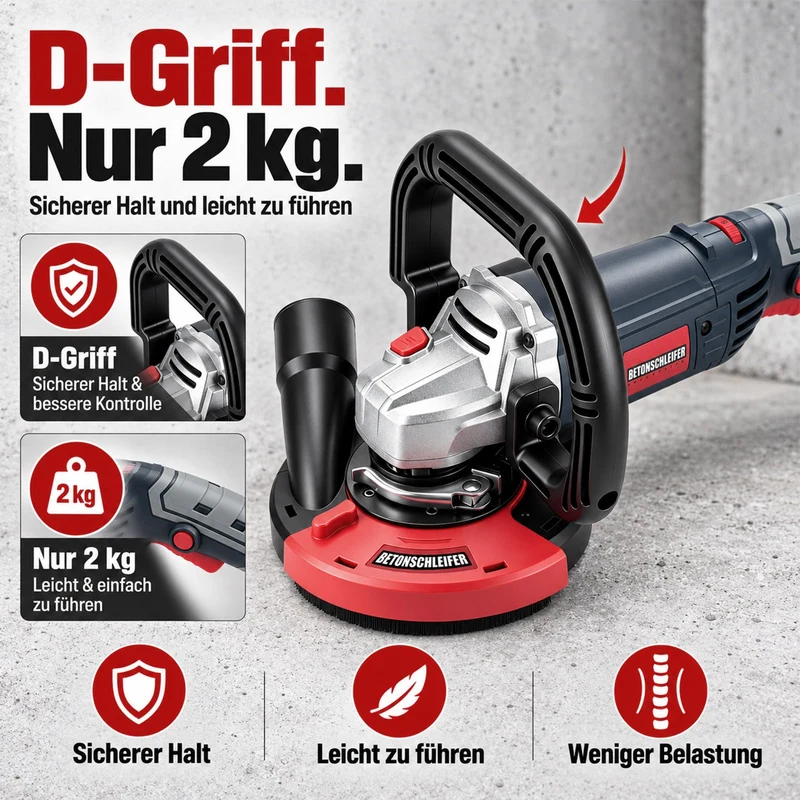 XIIW Betonschleifer 2100W Ø125 mm, Sanierungsschleifer 3000–9000 U/min, Staubabsaugung, Kantenhaube, 2 Schleiftöpfe + 2 Trennscheiben