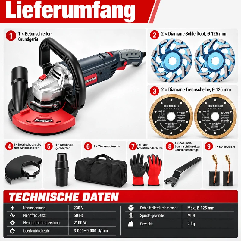 XIIW Betonschleifer 2100W Ø125 mm, Sanierungsschleifer 3000–9000 U/min, Staubabsaugung, Kantenhaube, 2 Schleiftöpfe + 2 Trennscheiben