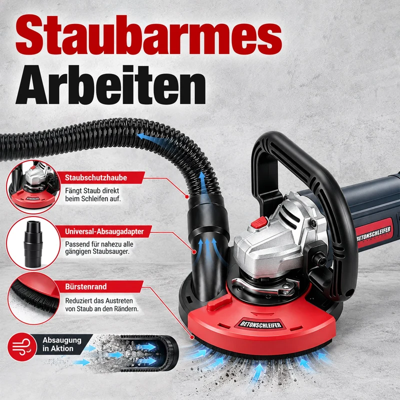 XIIW Betonschleifer 2100W Ø125 mm, Sanierungsfräse 3000–9000 U/min, Staubabsaugung, Kantenhaube & Drehzahlregelung