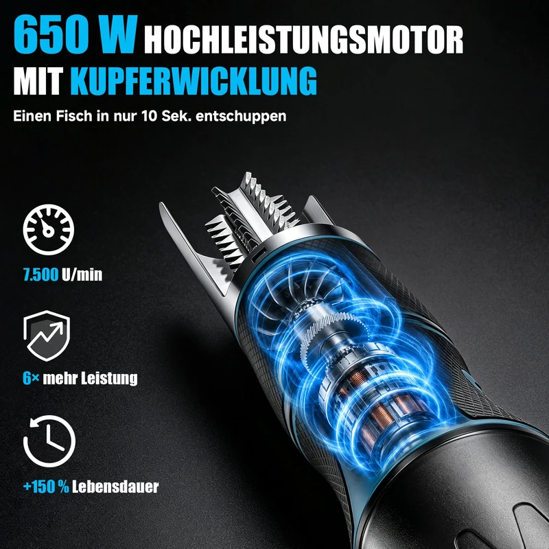 XIIW Elektrischer Fischentschupper 650W 7500 U/min, Fischschupper mit 2×2200mAh Akkus, 304 Edelstahl, abwaschbar, 180° Schutzhaube