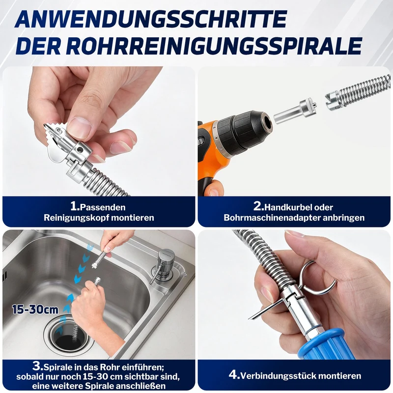 XIIW Rohrreinigungsspirale Ø12 mm 2x3 m, Abflussspirale mit 7 Köpfen, Handkurbel & Bohrmaschinenadapter, Rohre bis Ø80 mm