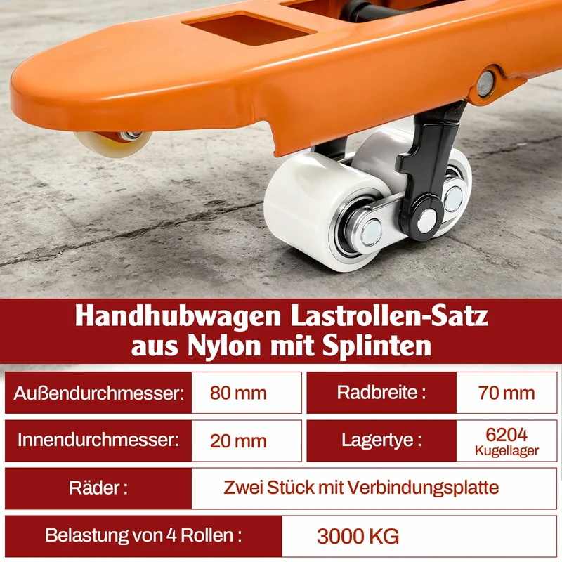 XIIW 4x Nylon Hubwagenrollen 80x70 mm, Lastrollen mit 6204 Kugellager 20 mm, Ersatzrollen für Handhubwagen bis 3000 kg