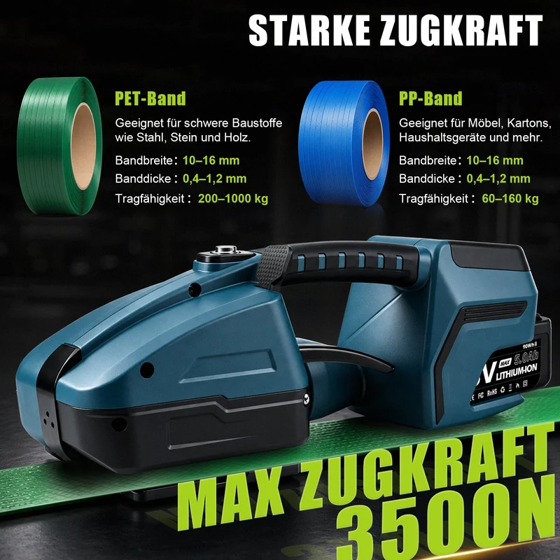 XIIW Akku-Umreifungsgerät 3500 N, PET/PP 10–16 mm, 2×5000 mAh, Elektrische Umreifungsmaschine mit Digitalanzeige