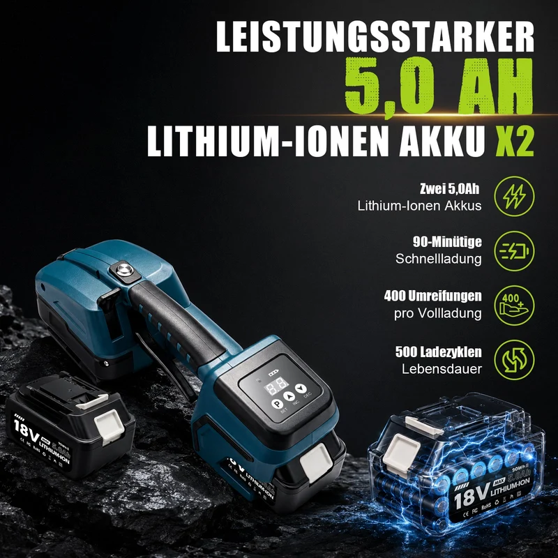 XIIW Akku-Umreifungsgerät 3500 N, PET/PP 10–16 mm, 2×5000 mAh, Elektrische Umreifungsmaschine mit Digitalanzeige
