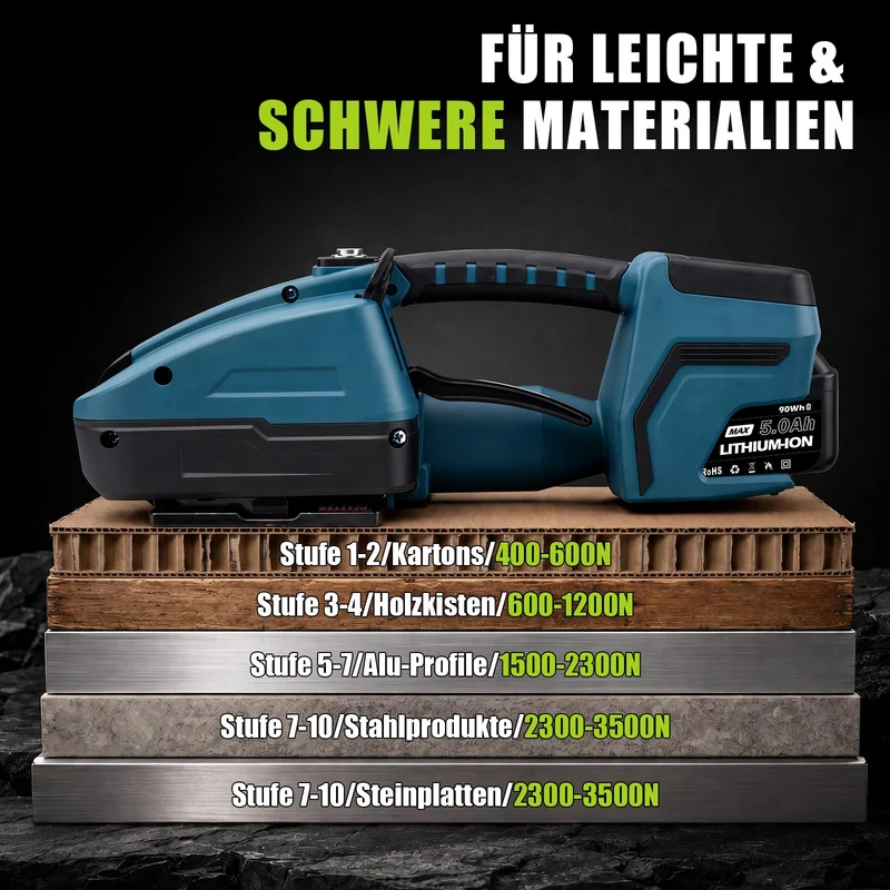 XIIW Akku-Umreifungsgerät 3500 N, PET/PP 10–16 mm, 2×5000 mAh, Elektrische Umreifungsmaschine mit Digitalanzeige