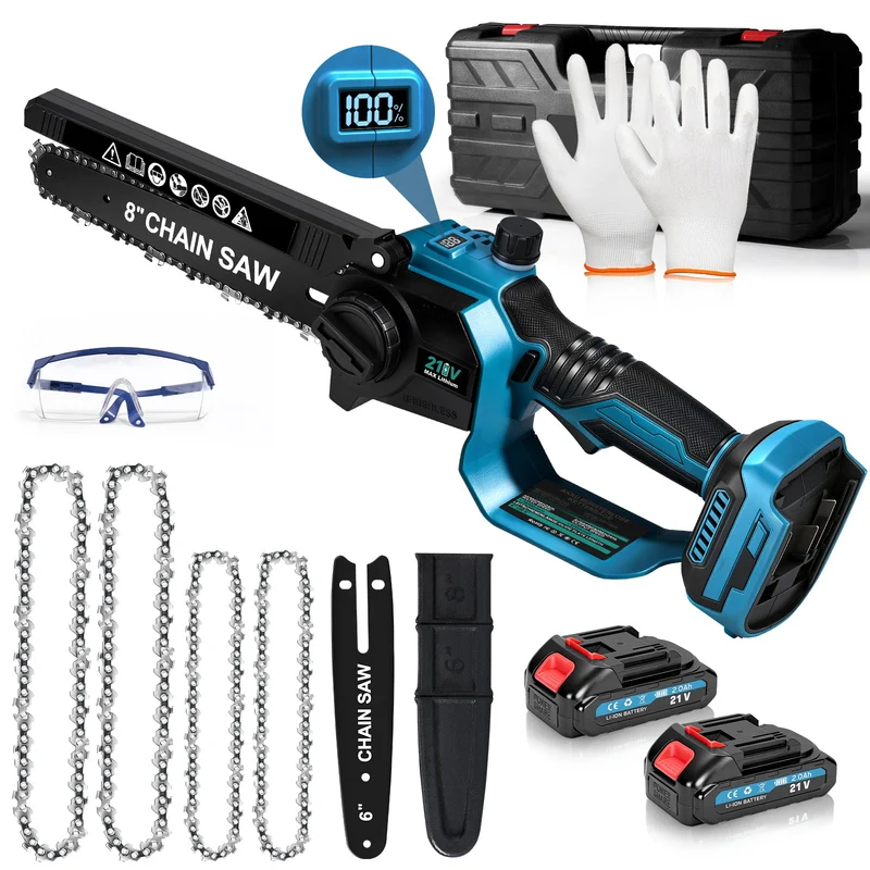 XIIW Akku-Kettensäge 6 + 8 Zoll, bürstenlose Mini-Kettensäge 900 W, 2×2,0 Ah Akkus, Ölsystem, 4 Ketten, werkzeuglose Kettenspannung, Koffer