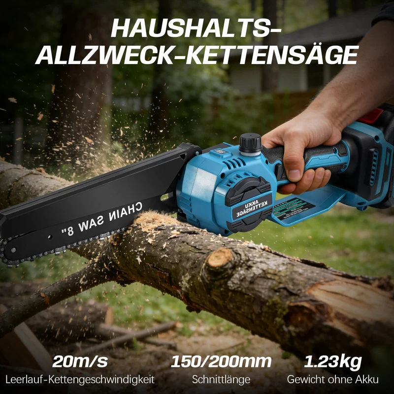 XIIW Akku-Kettensäge 6 + 8 Zoll, bürstenlose Mini-Kettensäge 900 W, 2×2,0 Ah Akkus, Ölsystem, 4 Ketten, werkzeuglose Kettenspannung, Koffer