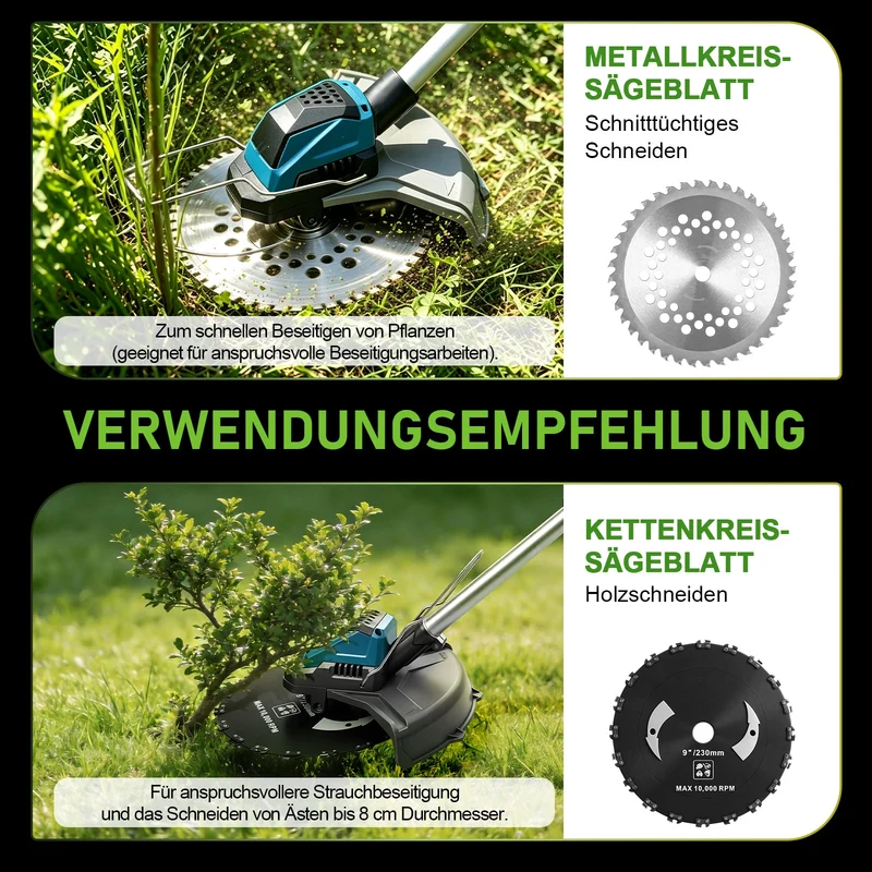 XIIW Akku Freischneider 1200 W, 16800 U/min, 2 x 4,0 Ah Akkus, 3 Unkrautbürsten, Metallmesser und Kreissägeblatt