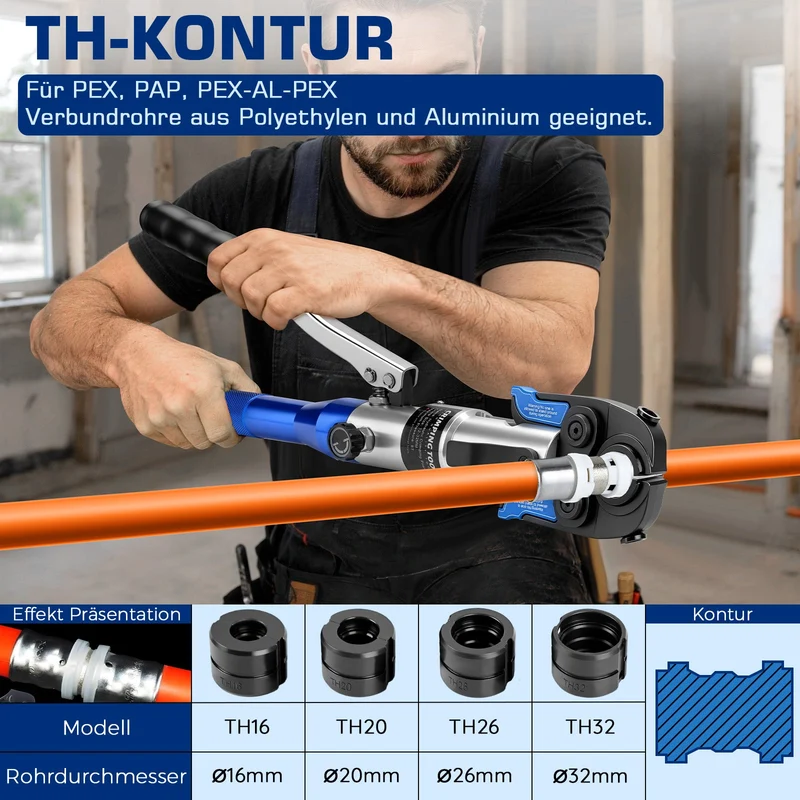 XIIW Hydraulische Presszange 80 kN, V- & TH-Kontur 12–32 mm, 14-teiliges Rohrpresszangen-Set mit Rohrschneidern und Entgrater