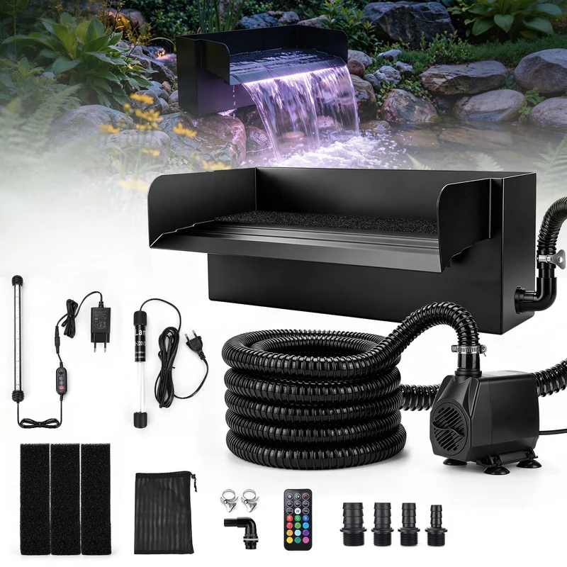 XIIW Teich-Wasserfall-Set mit 3000 l/h Pumpe, UVC-Klärer, RGB-Beleuchtung und Edelstahl-Wasserfall