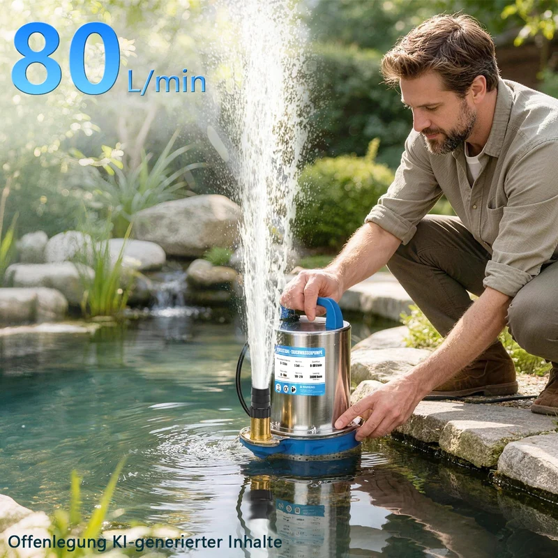 XIIW Akku-Klarwasserpumpe 300W mit 2×4Ah Akkus – Edelstahl Tauchpumpe, 80 l/min, 16 m, IPX8, 1 Zoll, für Pool, Teich, Keller & Regenfass