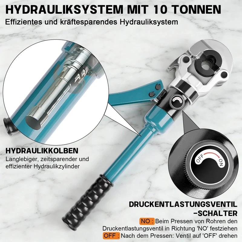 XIIW Hydraulische Rohrpresszange 100 kN – TH-Kontur Presszangen-Set TH16–TH32 mit Rohrabschneider, Entgrater und Transportkoffer