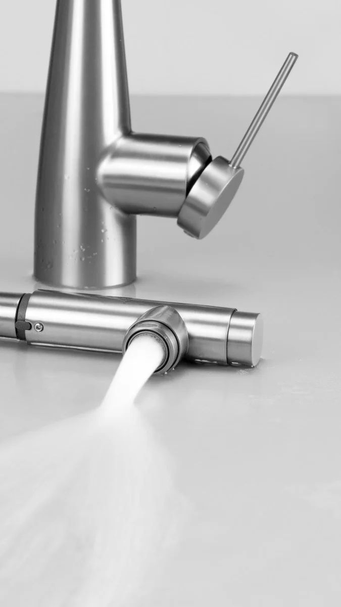 DEANTE Eridan Küchenarmatur mit Anschluss für Wasserfilter und ausziehbarer Auslaufbrause // gebürsteter Stahl // BRE-F75M