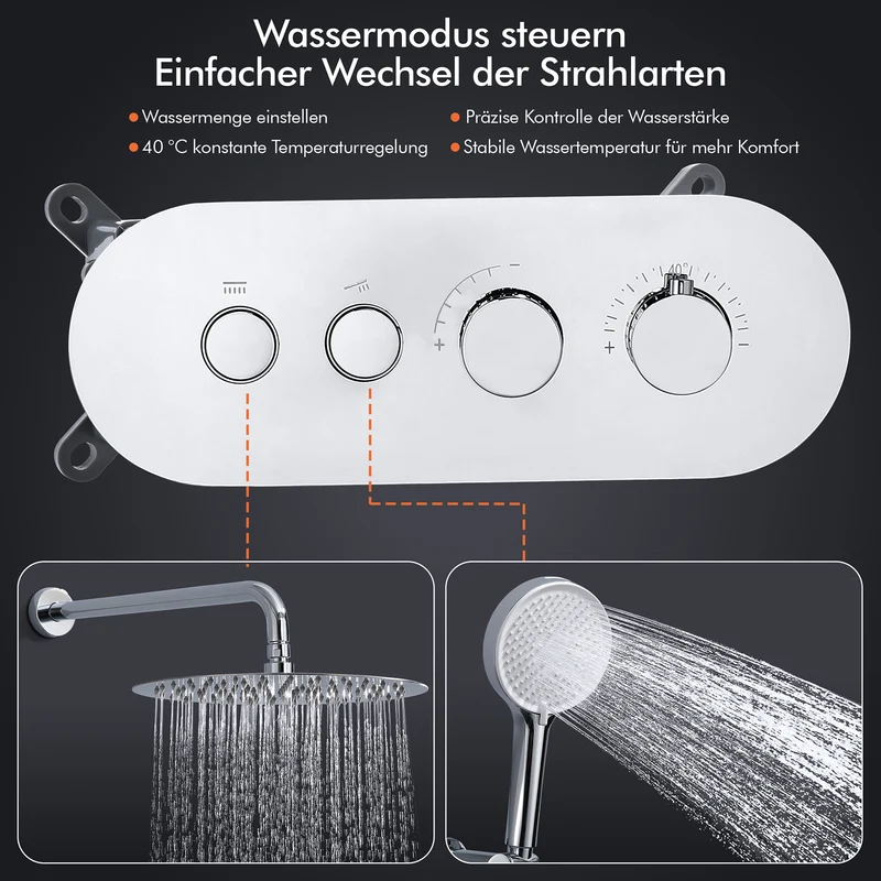 HOMELODY Duschsystem Chrom Unterputz Duscharmatur Duschsystem mit Thermostat 40℃