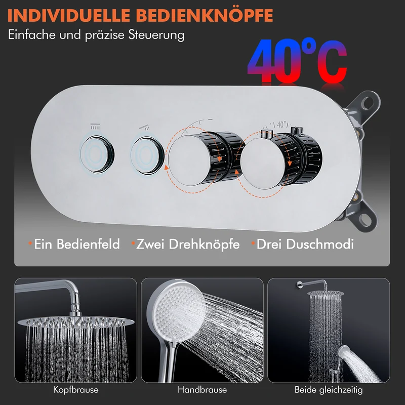 HOMELODY Duschsystem Chrom Unterputz Duscharmatur Duschsystem mit Thermostat 40℃