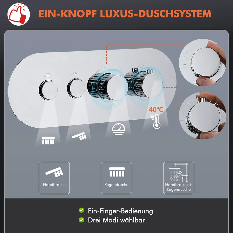 HOMELODY Duschsystem Chrom Unterputz Duscharmatur Duschsystem mit Thermostat 40℃