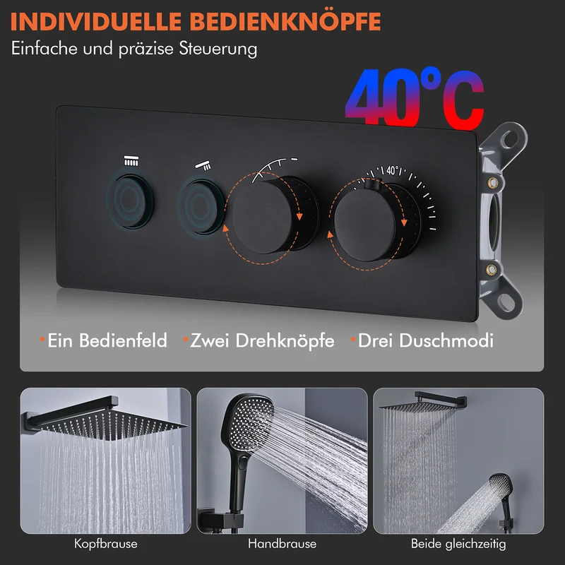 HOMELODY Schwarz Unterputz Duscharmatur Set mit Thermostat 38℃