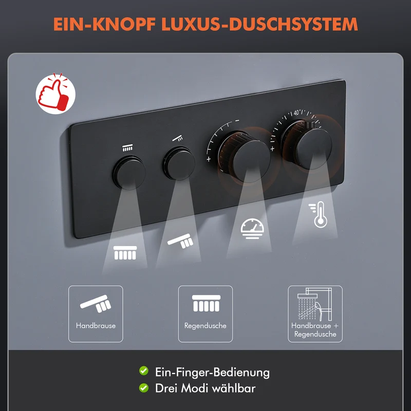 HOMELODY Schwarz Unterputz Duscharmatur Set mit Thermostat 38℃