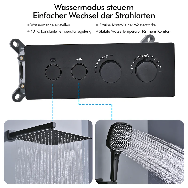 HOMELODY Schwarz Unterputz Duscharmatur Set mit Thermostat 38℃