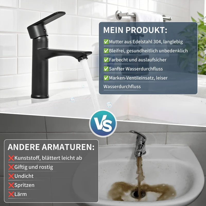 HOMELODY Wasserhahn Bad Schwarz Waschtischarmatur Mischbatterie Bad Armatur Badezimmer Waschbeckenarmatur Einhebelmischer