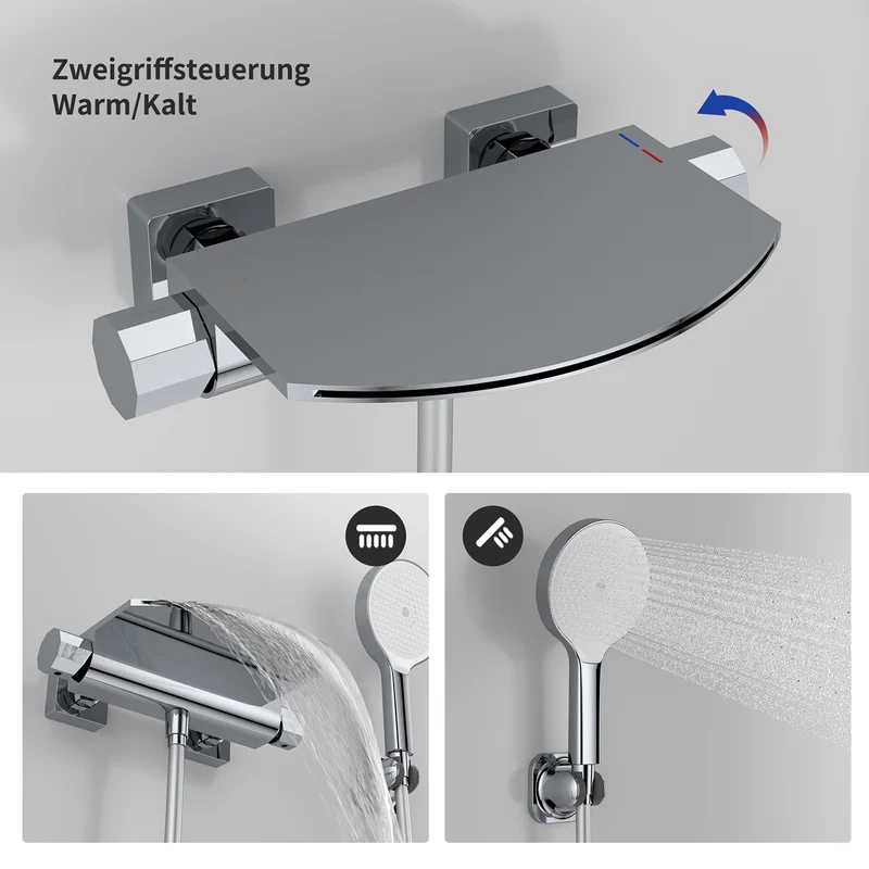HOMELODY Wasserfall-Badewannen-Mischbatterie mit 4-Funktions-Handbrause
