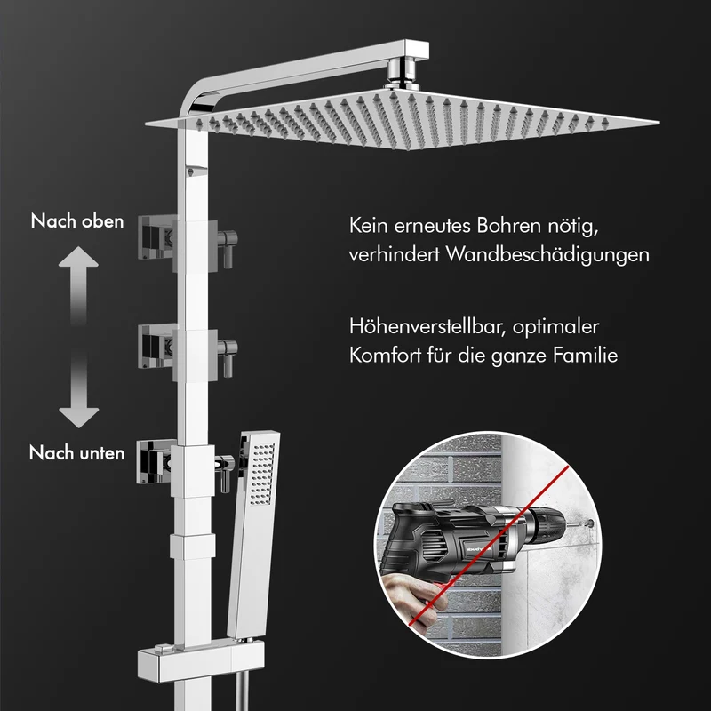 HOMELODY Duschsystem mit Thermostat Regendusche mit Armatur Eckig Duschset Messing Kopfbrause Edelstahl 30x30CM