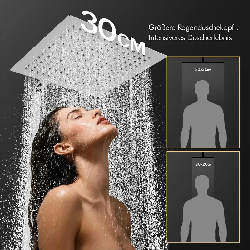 HOMELODY Duschsystem mit Thermostat Regendusche mit Armatur Eckig Duschset Messing Kopfbrause Edelstahl 30x30CM