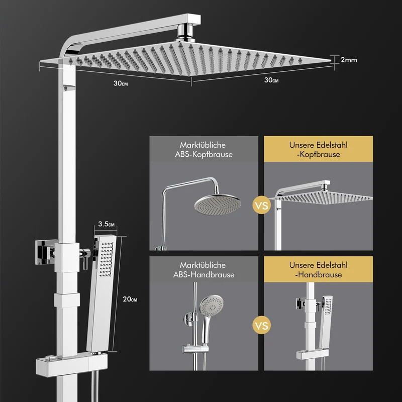 HOMELODY Duschsystem mit Thermostat Regendusche mit Armatur Eckig Duschset Messing Kopfbrause Edelstahl 30x30CM