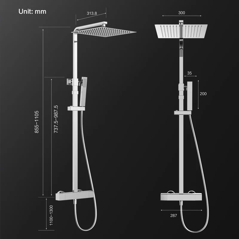 HOMELODY Duschsystem mit Thermostat Regendusche mit Armatur Eckig Duschset Messing Kopfbrause Edelstahl 30x30CM