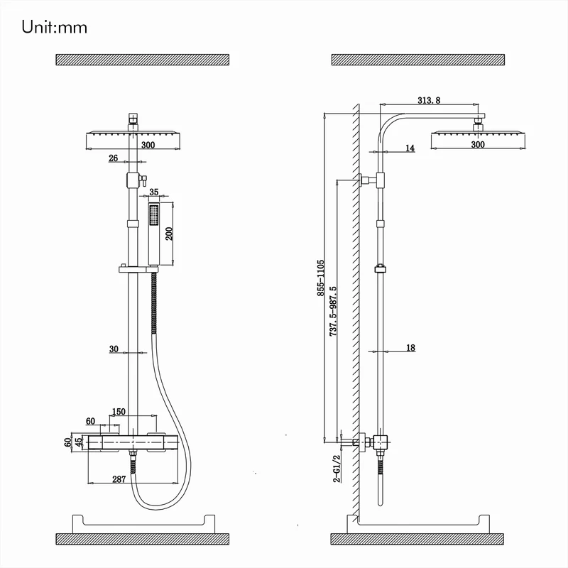 HOMELODY Duschsystem mit Thermostat Regendusche mit Armatur Eckig Duschset Messing Kopfbrause Edelstahl 30x30CM