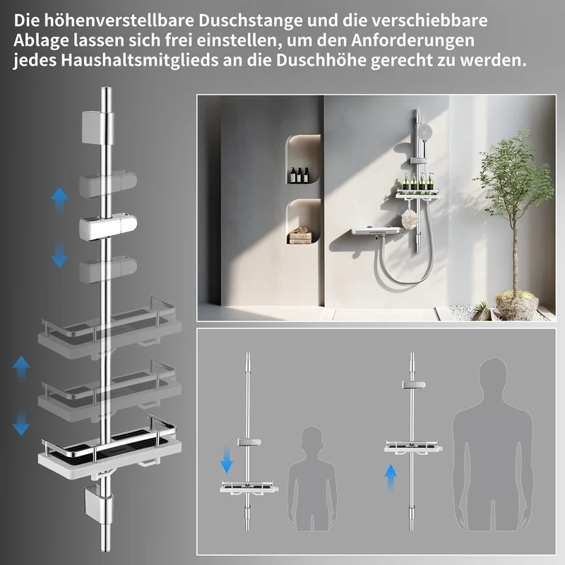 Homelody Duschstange ohne Bohren Edelstahl höhenverstellbar mit Ablage,90cm