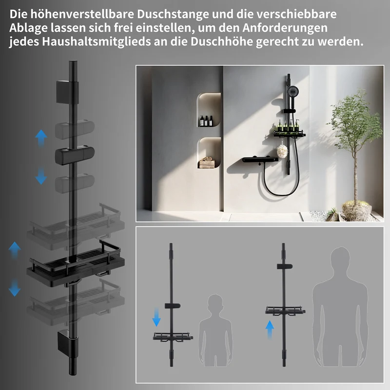 Homelody Duschstange ohne Bohren Edelstahl höhenverstellbar mit Ablage,90cm