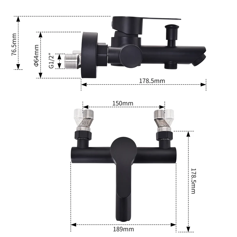 Homelody Wannenarmatur Badewannenarmatur Schwarz Wandarmatur mit Umsteller G1/2