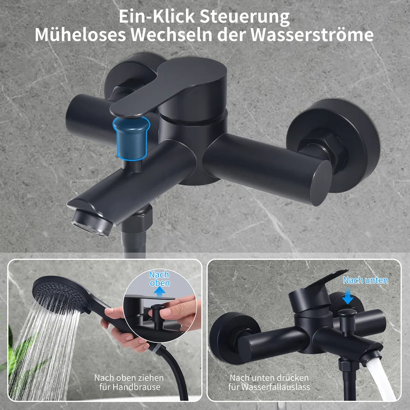 Homelody Wannenarmatur Badewannenarmatur Schwarz Wandarmatur mit Umsteller G1/2