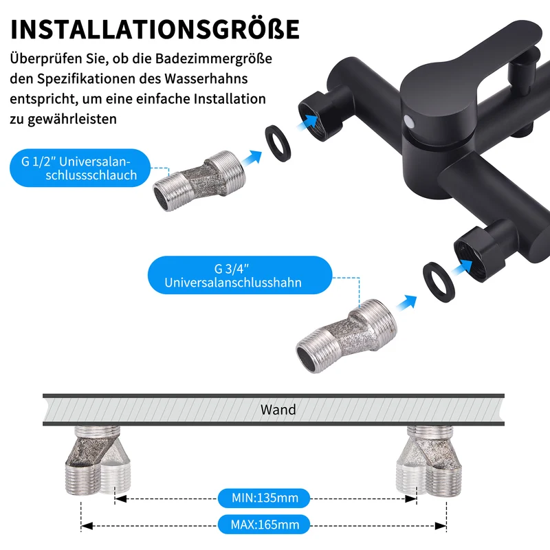 Homelody Wannenarmatur Badewannenarmatur Schwarz Wandarmatur mit Umsteller G1/2