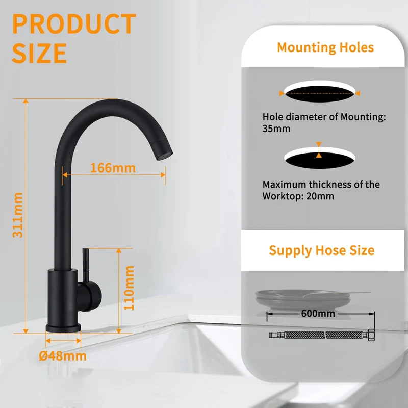 HOMELODY Schwarzer Wasserhahn Küche Mischbatterie Küchenarmatur mit Hoher Auslauf und G3/8 Anschluss, Hochdruck Spültischarmatur 360° Schwenkbar, Edelstahl Faucet Einhebel Kitchen Tap, Matt Schwarz