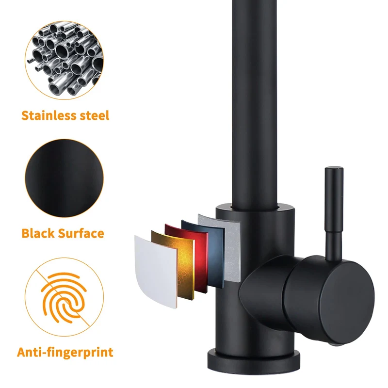 HOMELODY Schwarzer Wasserhahn Küche Mischbatterie Küchenarmatur mit Hoher Auslauf und G3/8 Anschluss, Hochdruck Spültischarmatur 360° Schwenkbar, Edelstahl Faucet Einhebel Kitchen Tap, Matt Schwarz