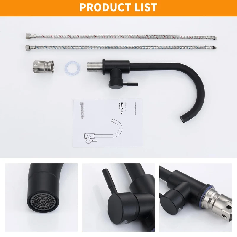 HOMELODY Schwarzer Wasserhahn Küche Mischbatterie Küchenarmatur mit Hoher Auslauf und G3/8 Anschluss, Hochdruck Spültischarmatur 360° Schwenkbar, Edelstahl Faucet Einhebel Kitchen Tap, Matt Schwarz