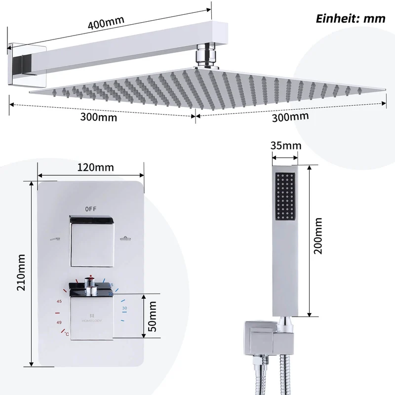 Homelody Unterputz-Duschsystem Thermostat Messing Dusche