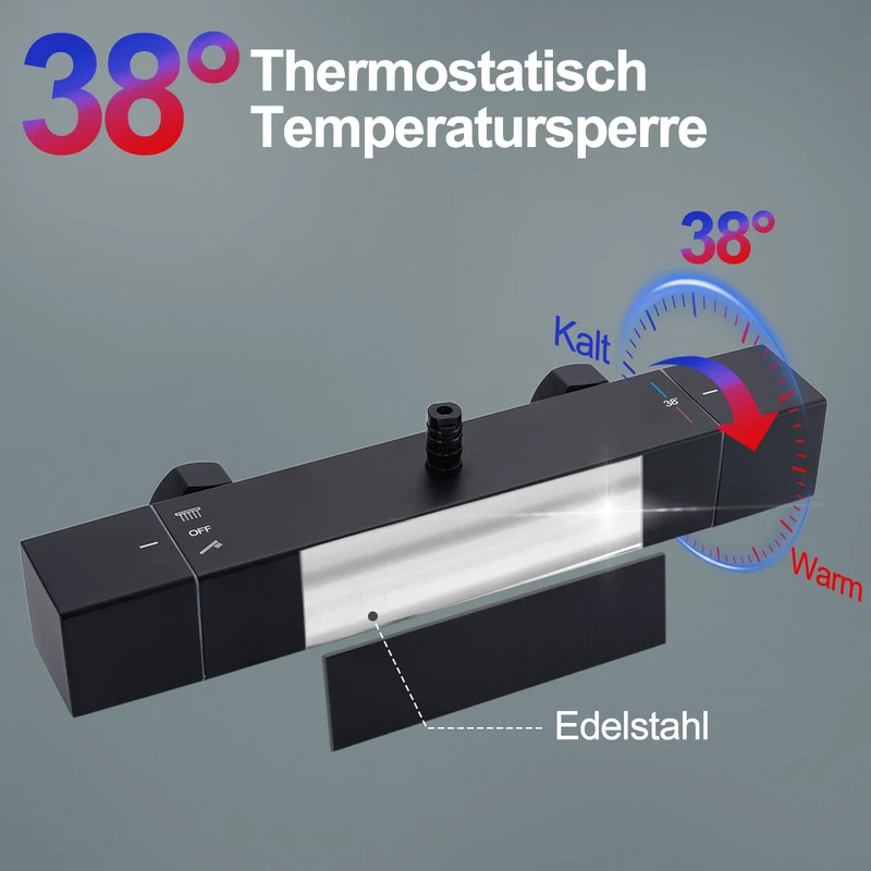 HOMELODY Duschsystem mit Thermostat Regendusche mit Armatur Eckig Duschset Messing Kopfbrause Edelstahl 30x30CM