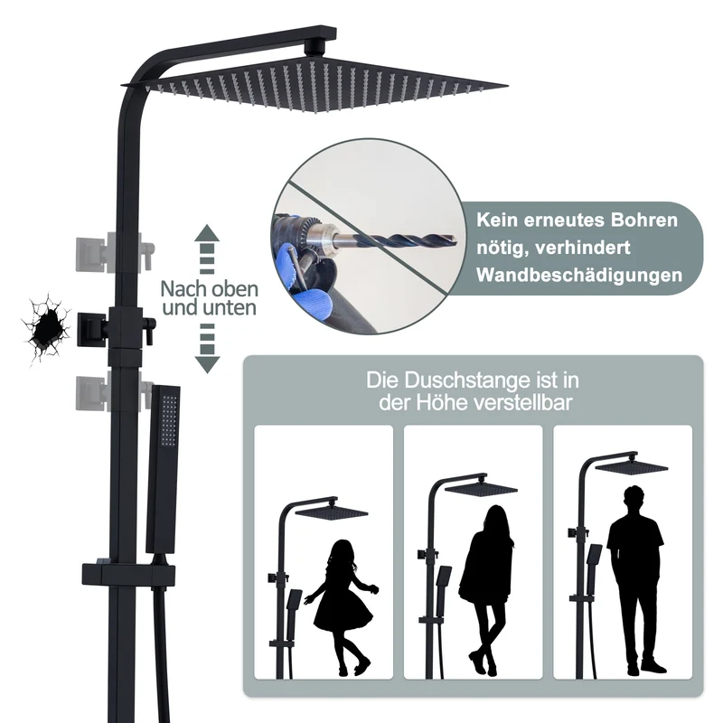 HOMELODY Duschsystem mit Thermostat Regendusche mit Armatur Eckig Duschset Messing Kopfbrause Edelstahl 30x30CM