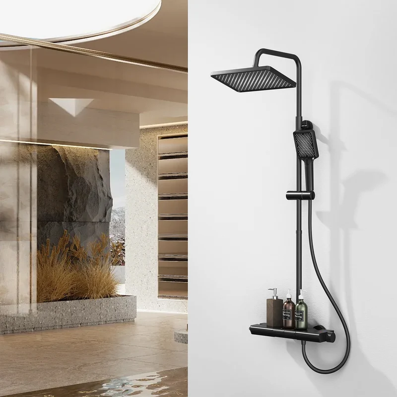 HOMELODY Duschsystem mit Thermostat und Glasablage Schwarz - 30x20cm Groß Kopfbrause Regendusche und 3 Strahlarten Handbrause, 2 Klavierknöpfen Duscharmatur Komplettset, Duschgarnitur mit Regendusche
