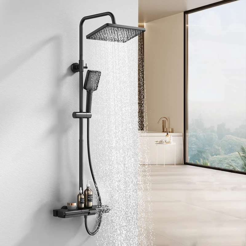 HOMELODY Duschsystem mit Thermostat und Glasablage Schwarz - 30x20cm Groß Kopfbrause Regendusche und 3 Strahlarten Handbrause, 2 Klavierknöpfen Duscharmatur Komplettset, Duschgarnitur mit Regendusche