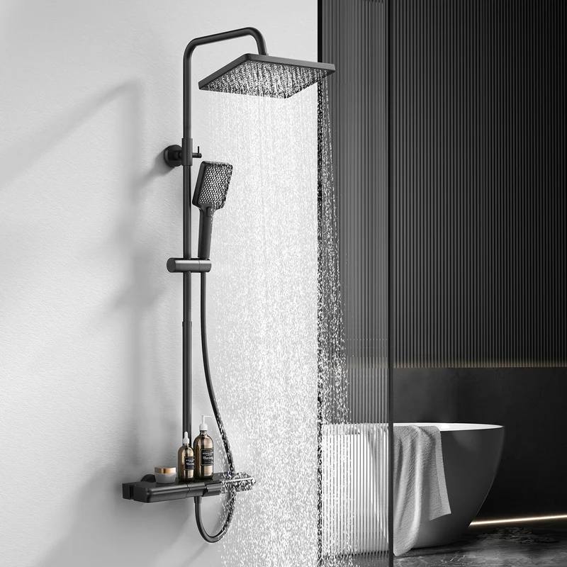 HOMELODY Duschsystem mit Thermostat und Glasablage Schwarz - 30x20cm Groß Kopfbrause Regendusche und 3 Strahlarten Handbrause, 2 Klavierknöpfen Duscharmatur Komplettset, Duschgarnitur mit Regendusche