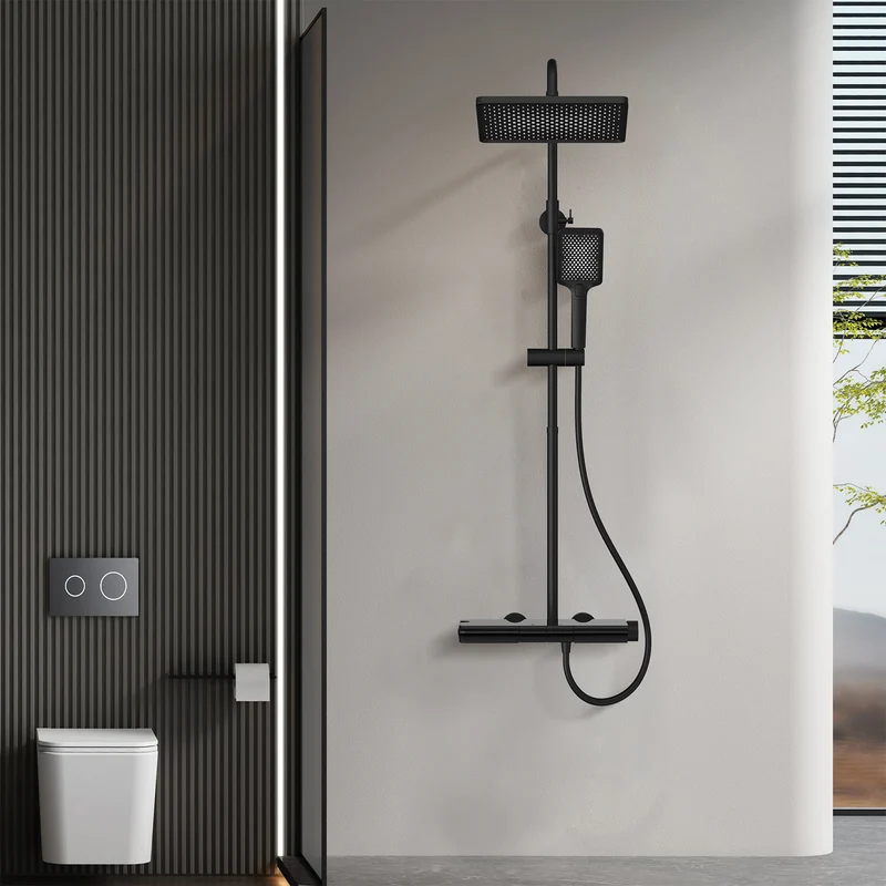 HOMELODY Duschsystem mit Thermostat und Glasablage Schwarz - 30x20cm Groß Kopfbrause Regendusche und 3 Strahlarten Handbrause, 2 Klavierknöpfen Duscharmatur Komplettset, Duschgarnitur mit Regendusche